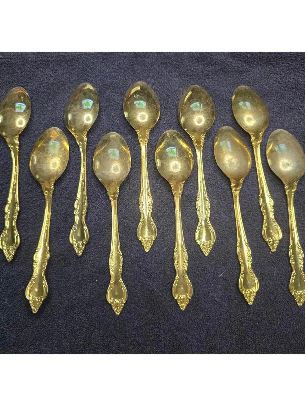 Vintage Set of 10 Royal Sealy RLF1 Gold-Plated Stainless Steel Teaspoons